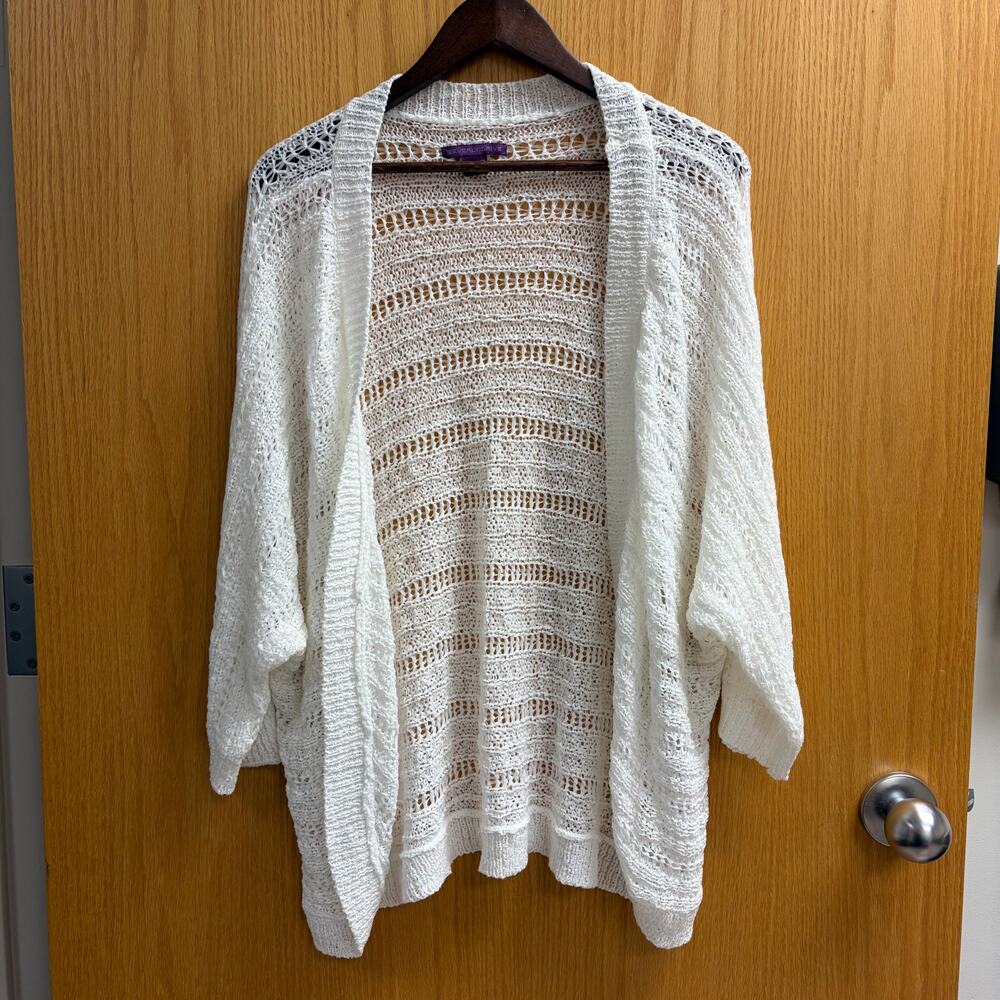 Beverly Drive Open Weave Crochet White Sweater Dolman Sleeves Boho Cottage 2X